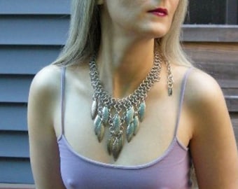 Kaira Valkyrie Necklace, neck jewelry handcrafted w/chainmaille and shiny metal feathers
