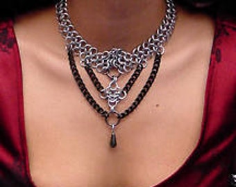 Raven Gothic Chainmaille Necklace, Goth chainmail jewelry, Medieval style neckpiece w/hematite