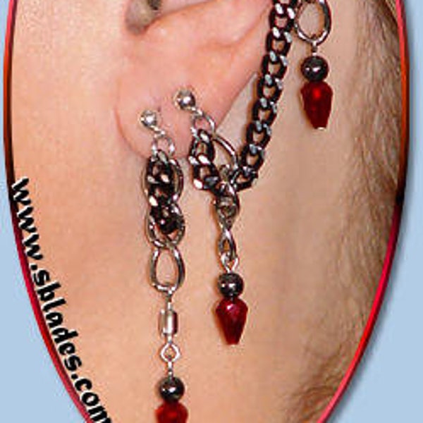 ShadowPoint slave earring, Bajoran earring gothic, Vampire slave earring blood red points, Multiple piercings.