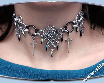 Blade Chainmaille Choker, Chainmail gothic faerie jewelry necklace, Gothic vampire chain mail jewelry, Dark faerie metal maille