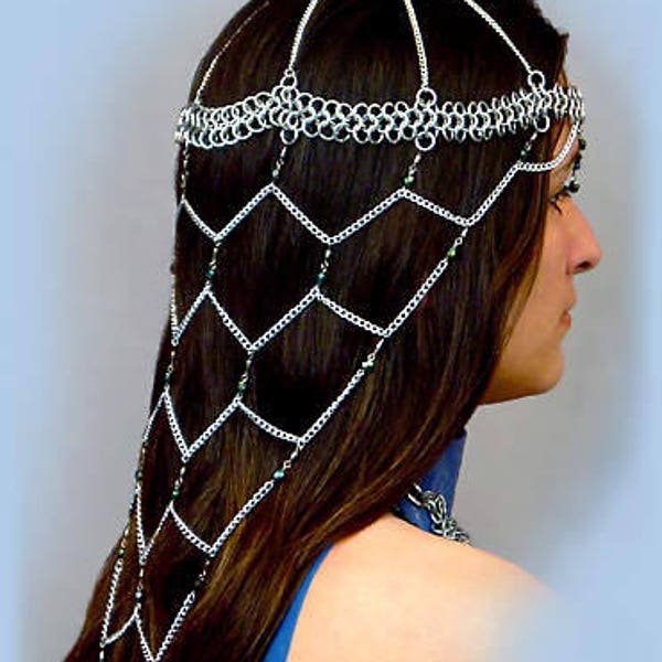 Amira Chainmaille Headdress, Renaissance faire chainmail headpiece, Princess costume head jewelry, Wedding Chain maille, SCA, Halloween