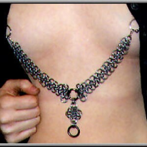 Danae nipple necklace chainmaille set, Chainmail lingerie for non-pierced and pierced nipples, Steampunk fetish jewelry set image 5