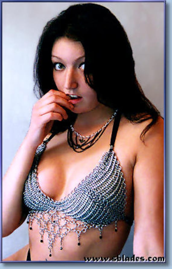 Crystalweave chainmail bikini top, Chainmaille elven maille, Chain-mail halter top w/chain web drape, Belly dance top made for comfort