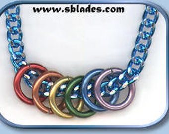 Mini-rings gay pride necklace, Rainbow rings pride necklace jewelry by Chainmail & More, LBGT neck chain jewelry