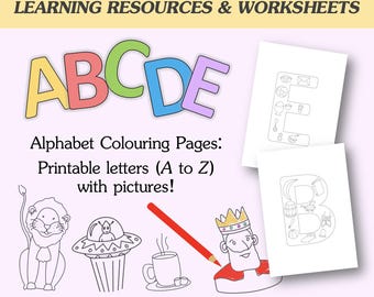 Alphabet (ABC's) Colouring Book with Pictures - Printable PDF, 26 Upper Case Letters