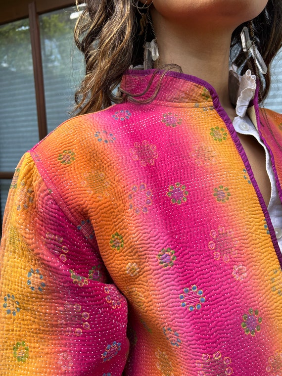 Vintage Indian cotton orange & pink floral textur… - image 6