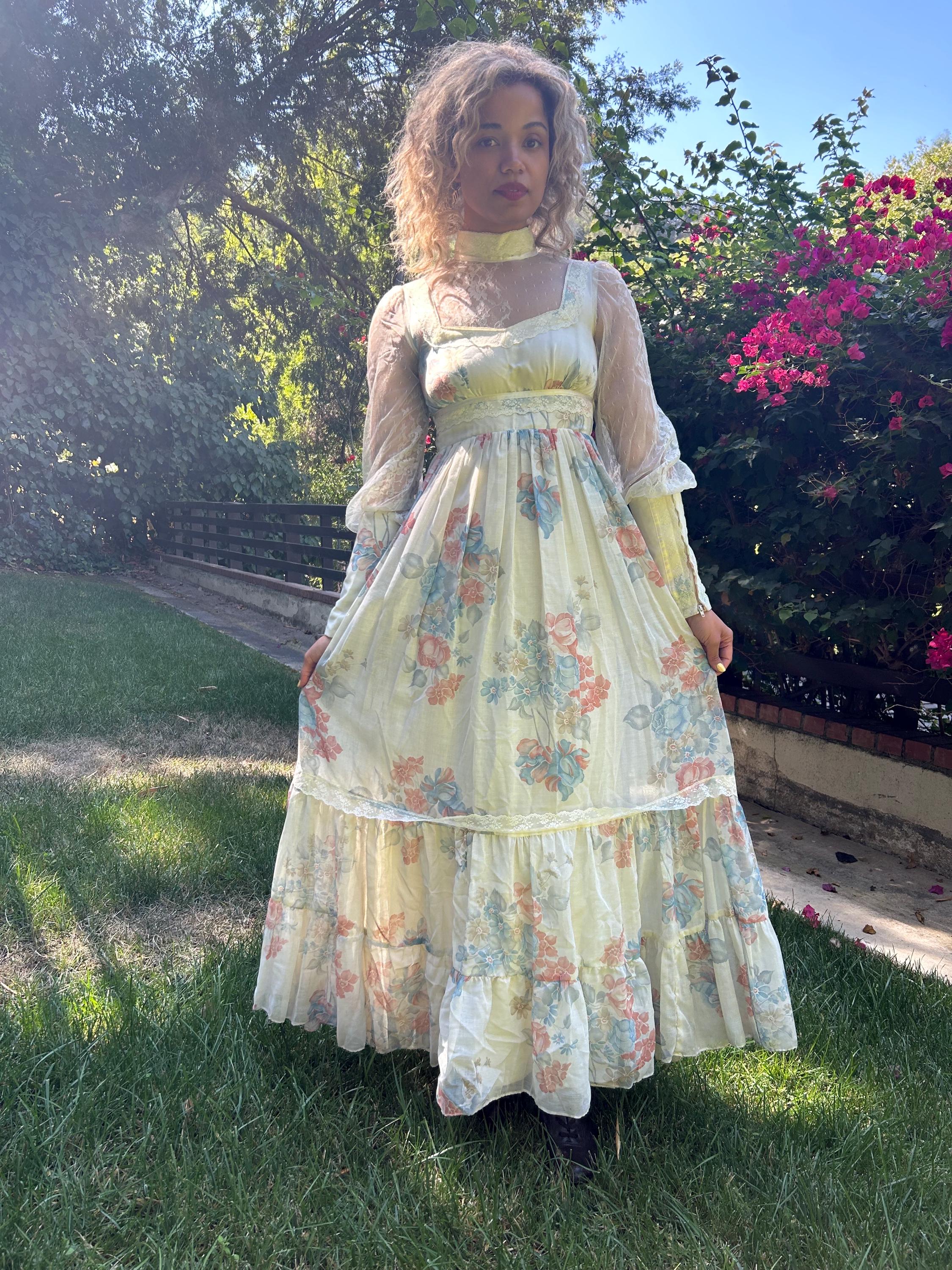 Vintage 70s Gunne Sax Cream Floral Maxi Dress With Bishop Sleeves ...