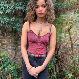 Vintage 90s Guess? Jeans semi sheer red & purple leopard print strappy camisole top