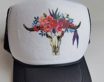 Flower Crown | Floral Crown | Bohemian Bull Skull | Bull Skull | Cow Skull | Hat | Cap | Trucker Hat | Accessories | Camping Hat