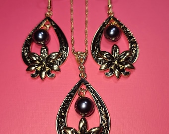 Polynesian/Hawaiian Tiare Flower Tribal 14K Gold Earring & Necklace Jewelry Set