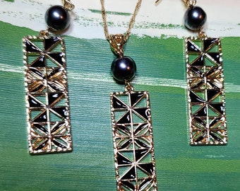 Polynesian/Hawaiian Tribal Tapa Design w/ Pearl Earring & Necklace Jewelry Set 14K Gold