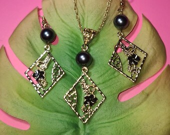 Polynesian/Hawaiian Flower Tribal Gold Earring & Necklace Jewelry Set