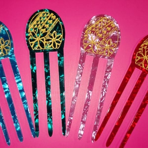 Colorful Polynesian Tribal Faux Turtle Shell Hair Picks