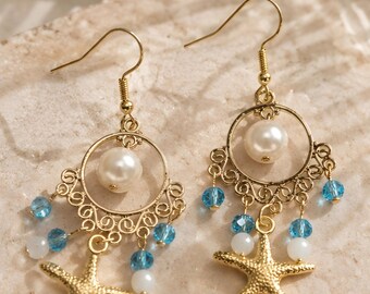 Coastal Starfish Pearl Dangle Earrings | Ocean-Inspired Beach Jewelry | Handmade Tropical Earrings