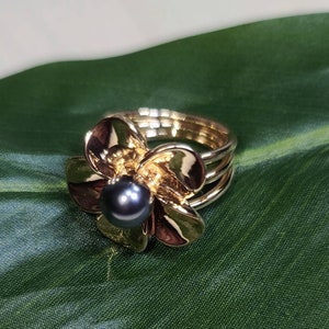 Polynesian/Hawaiian Plumeria Pearl 14K Gold Plated Ring