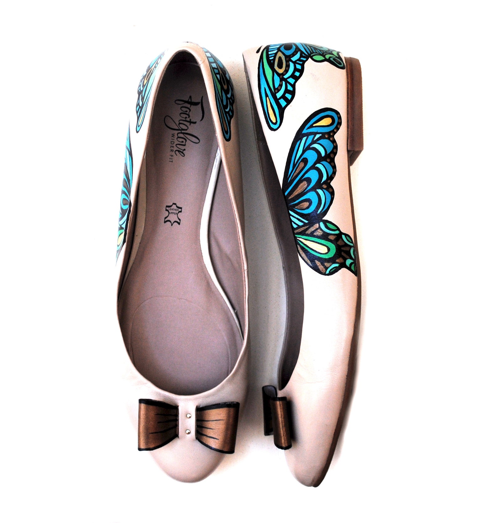 aqua butterfly, hand painted, upcycled, recycled, women's wide fit genuine leather, ballet flats, size 11, ooak