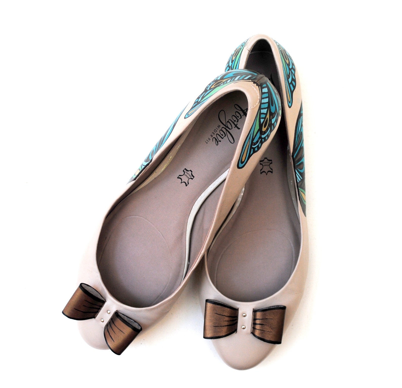 aqua butterfly, hand painted, upcycled, recycled, women's wide fit genuine leather, ballet flats, size 11, ooak