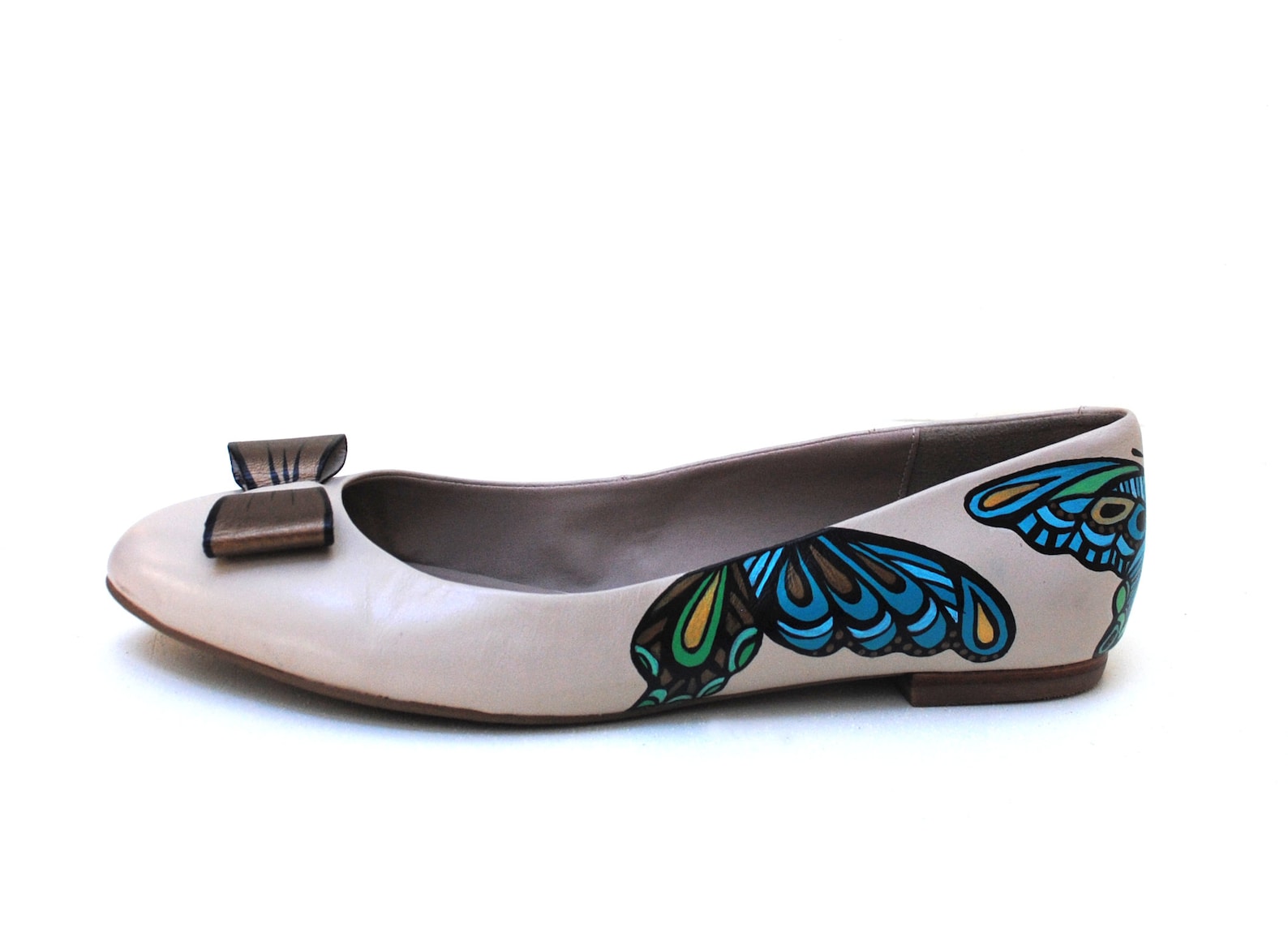 aqua butterfly, hand painted, upcycled, recycled, women's wide fit genuine leather, ballet flats, size 11, ooak