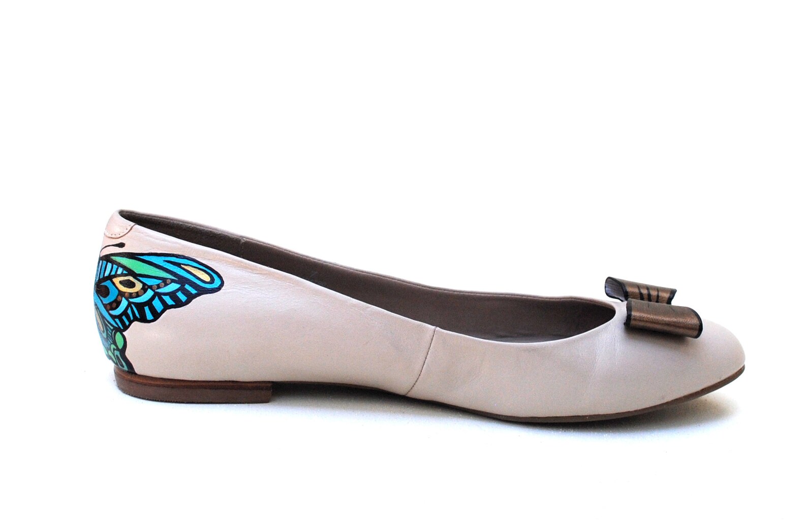 aqua butterfly, hand painted, upcycled, recycled, women's wide fit genuine leather, ballet flats, size 11, ooak