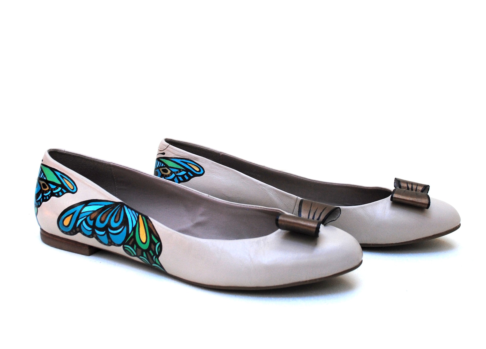 aqua butterfly, hand painted, upcycled, recycled, women's wide fit genuine leather, ballet flats, size 11, ooak