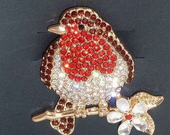 Stunning Robin Red Breast Diamante Brooch Pin   great gift Mum Sister Aunty Nan
