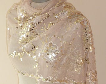 Details about  Beautiful Gold  or Silver Wedding or Evening Wrap Scarf with Sequin Flower Detail & Tassels