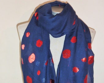 Red Foil Poppy Large Scarf Wrap in choice of Blue or Grey