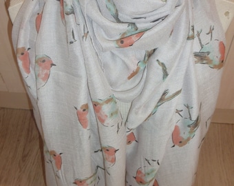 Robin Garden Bird Print Scarf Choice of 3 Colours Lovely Birthday Gift