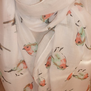 Robin Garden Bird Print Scarf Choice of 3 Colours Lovely Birthday Gift