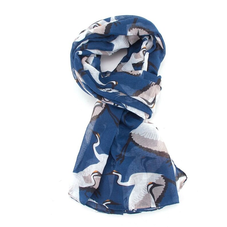 May include: A blue scarf with a white crane print. The scarf is made of a soft, lightweight fabric and is perfect for adding a touch of style to any outfit.
