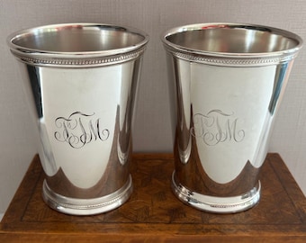 Vintage Silverplate Mint Julep Cups, Pair of Silverplate Mint Julep Cups, Engraved, Monogrammed, Wilcox, Kentucky Derby, Derby Party, Horses