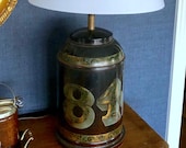 Antique Tea Tin Lidded Canister Jar Table Lamp. Black Brown. Number 84. Hand Painted. Desk Lamp. Library Lamp. Kitchen Lamp.