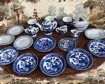 Vintage Children's Porcelain Blue And White Tea and Hostess Set, Blue and White, Chinoiserie, Traditional Decor, 25 pieces in all