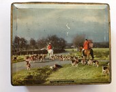 Vintage Sharp Toffee Tin with Equestrian Hunt Scene, Fox Hunt, Equine, Horse, Hunting Dogs, Red Coat, English, Horse Decor, The Huntsmen