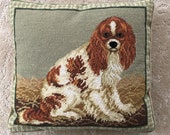 Vintage Needlepoint King Charles Cavalier Dog Pillow.