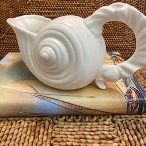 Vintage Seashell Ceramic Pitcher. White. Rare design. Coastal Decor. Shell Motif.