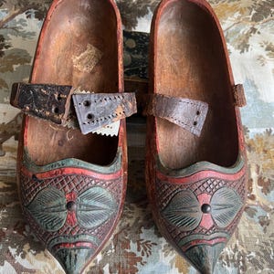 Antique Vintage French Hand Carved Wooden Shoes with Leather Straps, Galoshes Clogs, Country Clogs, Peasant Clogs, Garden, Collectibles