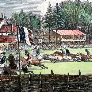 Antique Equestrian Hand Colored Lithograph of Steeplechase de la Croix, Authentic Antique Lithograph, Horses, Equestrian Decor, Art to Frame