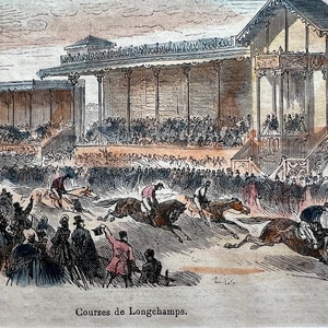 Antique Equestrian Hand Colored Lithograph of Courses de Longchamps, Authentic Antique Lithograph, Horses, Equestrian Decor, Art to Frame