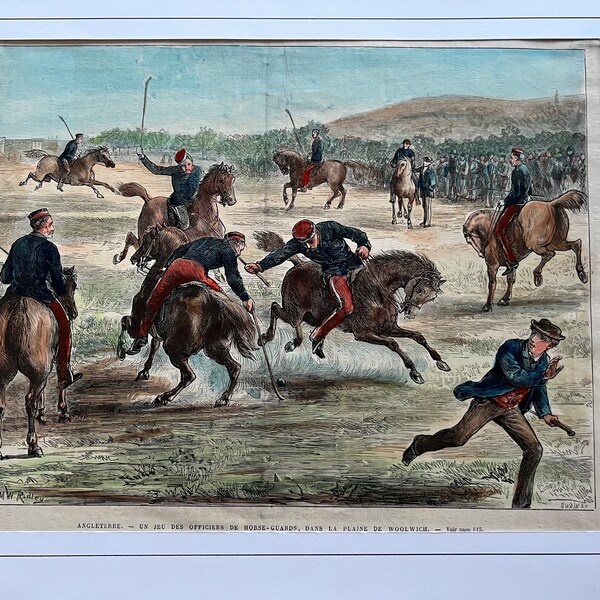 Antique Polo Match Lithograph: Hand-Colored Equestrian Art