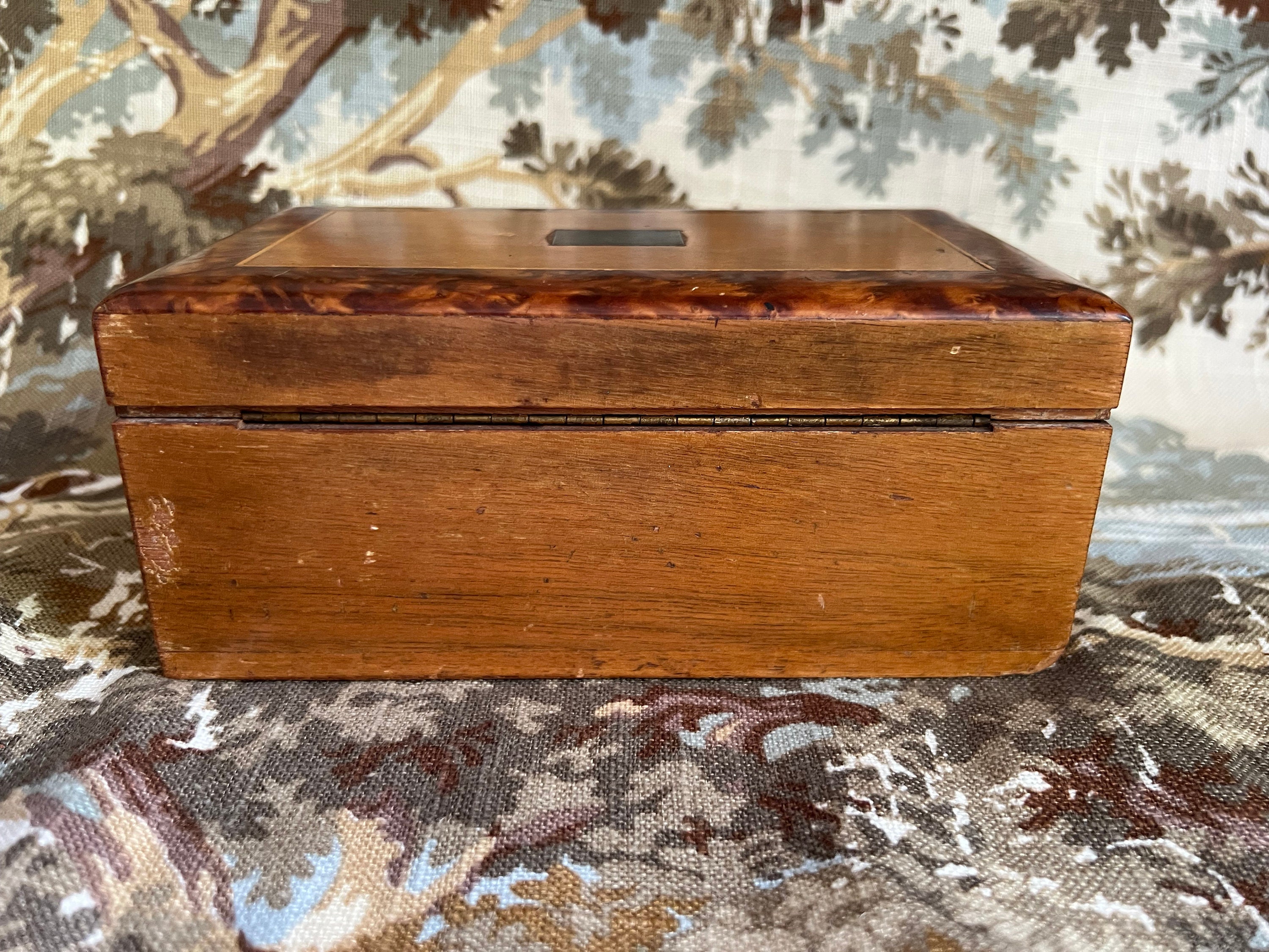 Vintage Wood Box With Inlaid Top and Brass Center, Wooden