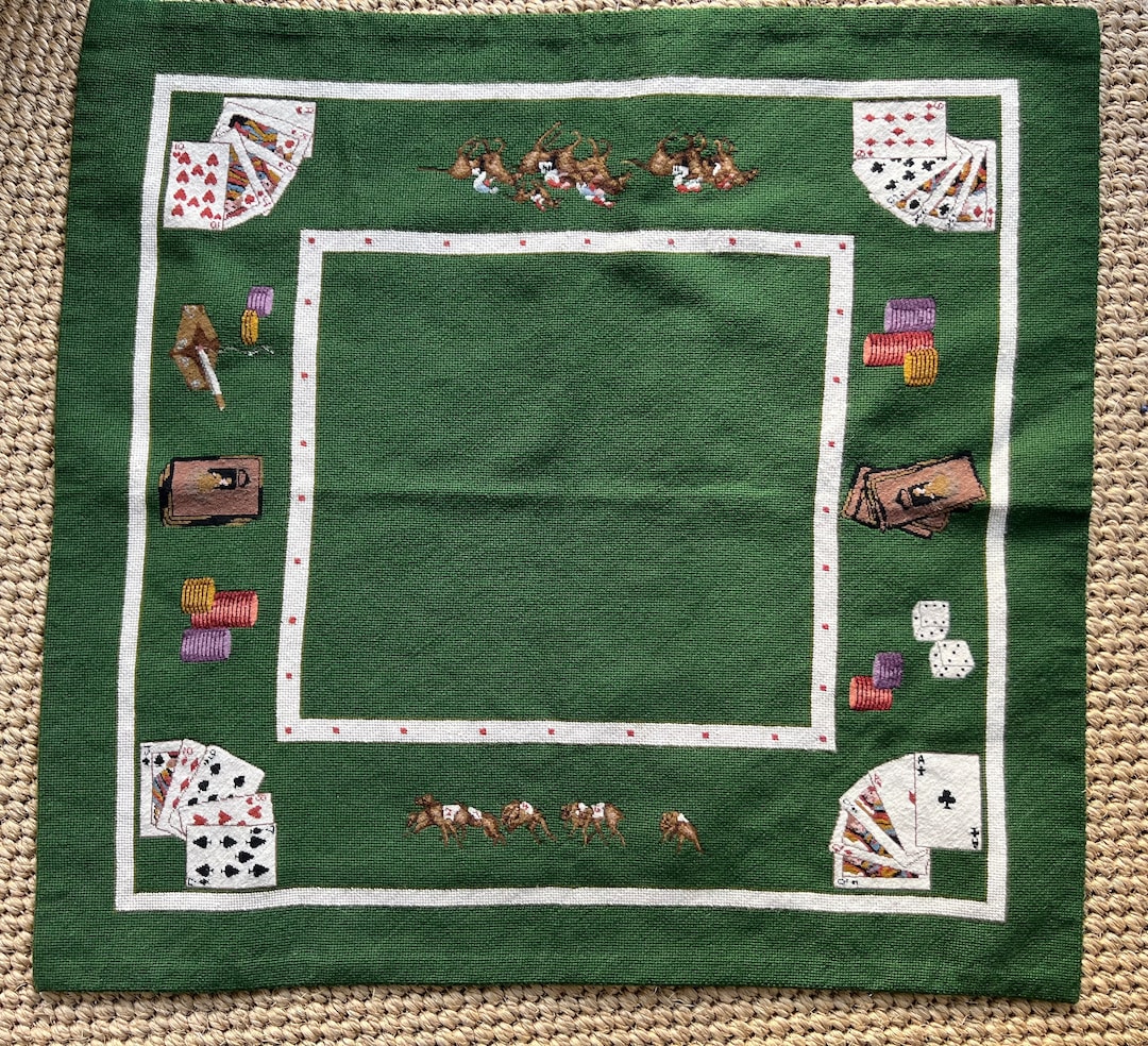 Vintage Wool Needlepoint Card Table Cover With Horses, Poker Chips