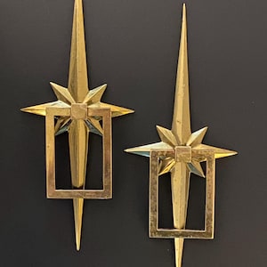 Vintage Brass Midcentury Modern Cabinet Knobs. 9” Starburst. Gold. Atomic. 1960s. Rare Set/2