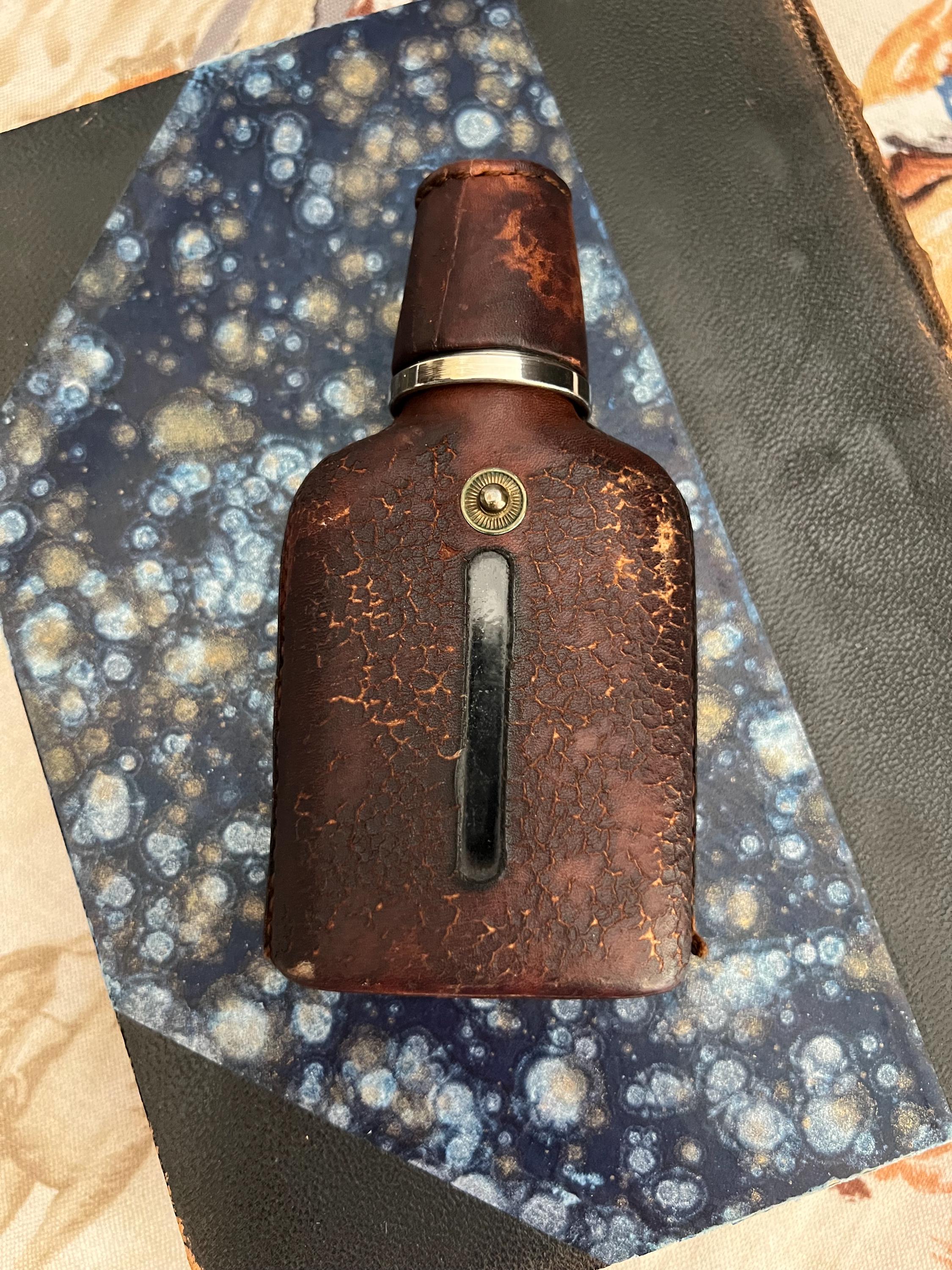 Vintage Leather and Glass Flask, Silverplate or Silver Metal, Hip Flask, Liquor, Bar, Lodge, Camp, Cheers, Groom Gift
