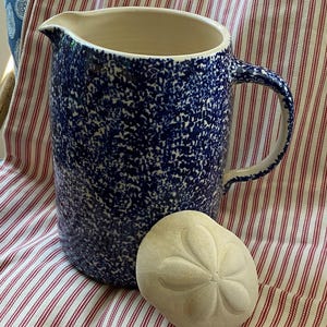May include: A blue and white speckled ceramic pitcher with a handle and spout. Beside it is a sand dollar with a star-like pattern. The pitcher and sand dollar rest on a red and white striped fabric.