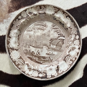 Antique 1820s Wild Rose Brown Transferware Plate,  Staffordshire Historical Plate, Antique Transferware, Made in England, Collectors