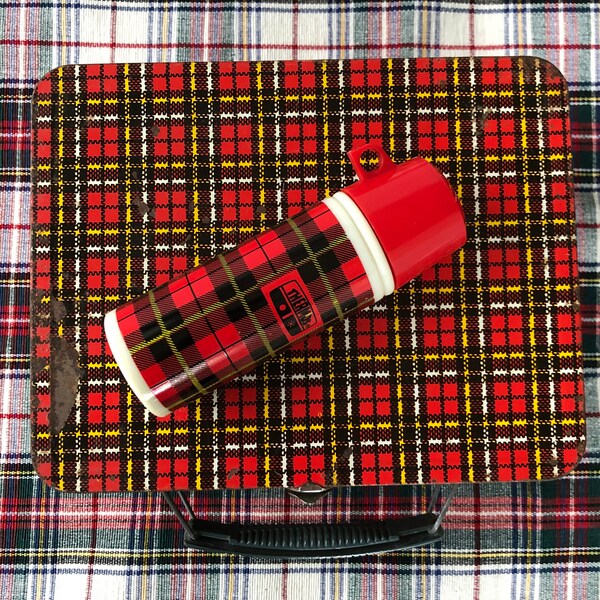 Vintage Red Plaid Tin 60s Lunchbox and Avon plaid Thermos, Tartan, Ohio Art, School Lunch, Plaid Metal Box, Avon Body Splash, Mad for Plaid