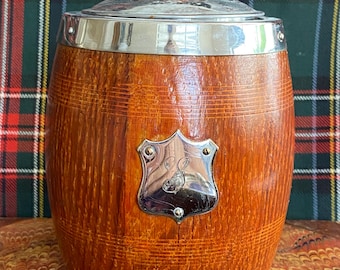 Vintage English Oak Biscuit Barrel Jar. Crest with Letter S. Wooden storage.