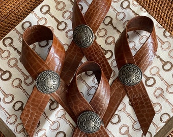 Vintage Embossed Leather Napkin Rings. Set of 4. Western. Cowgirl Gift.