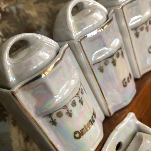 Antique Children's Porcelain Canister Set, Made in Germany, Iridescent, Traditional Decor, 22 pieces shops in all, Original Lids, Play Kitchen